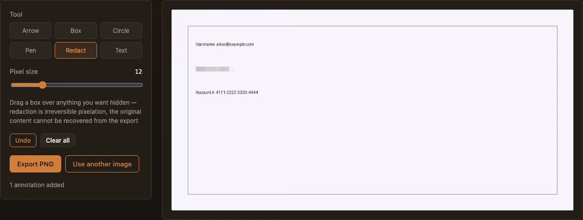 ImgWell's Annotate Screenshot tool with the Redact tool selected, a block dragged over sensitive text showing pixelated, unrecoverable blocks instead of a see-through blur