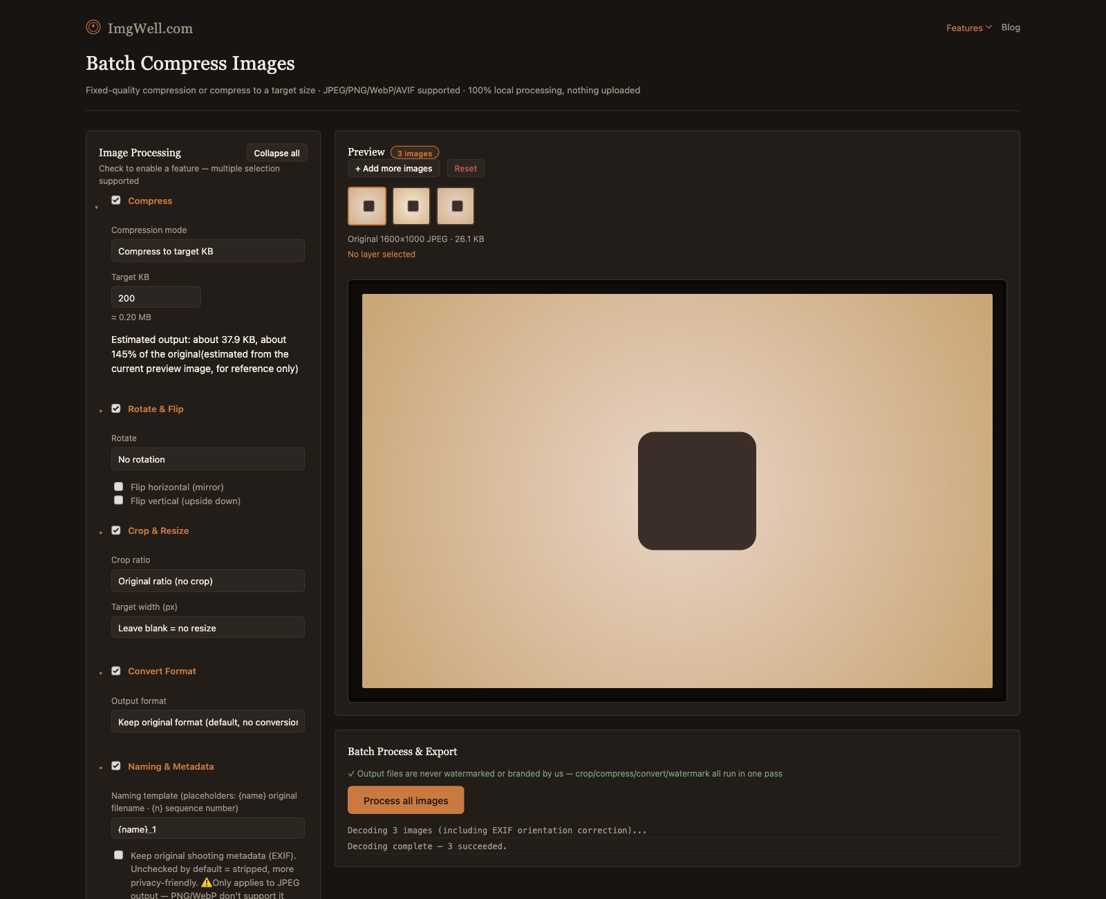 ImgWell's Compress panel with Compress to target KB mode selected and a batch of photos imported