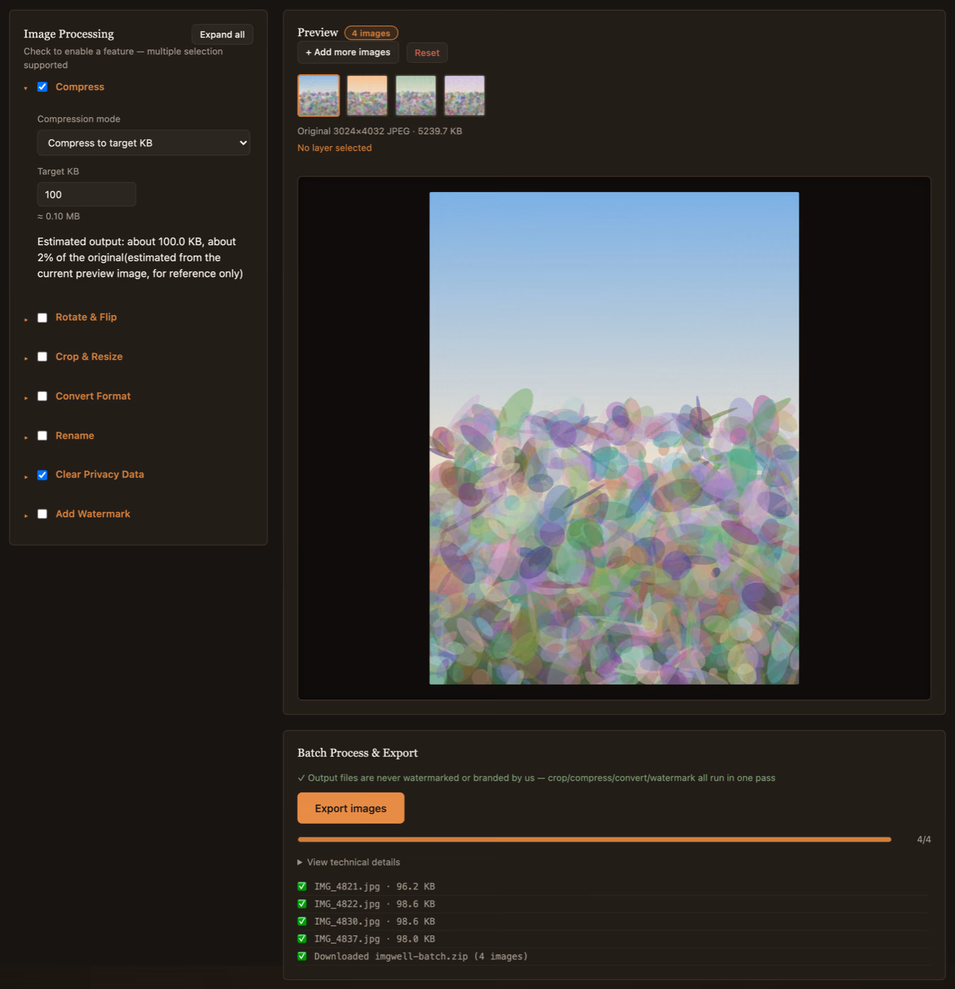ImgWell's Batch Compress Images tool with Compression mode set to Compress to target KB and Target KB set to 100; four 3024×4032 phone photos of about 5.2MB each were exported at 96.2KB, 98.6KB, 98.6KB and 98.0KB