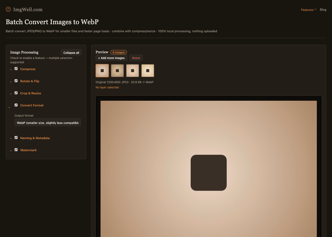ImgWell's Convert Format panel with WebP selected and a batch of four imported photos visible in the thumbnail strip