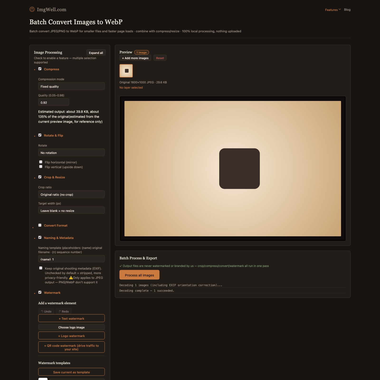 ImgWell's Convert Format panel with WebP preselected in the format dropdown