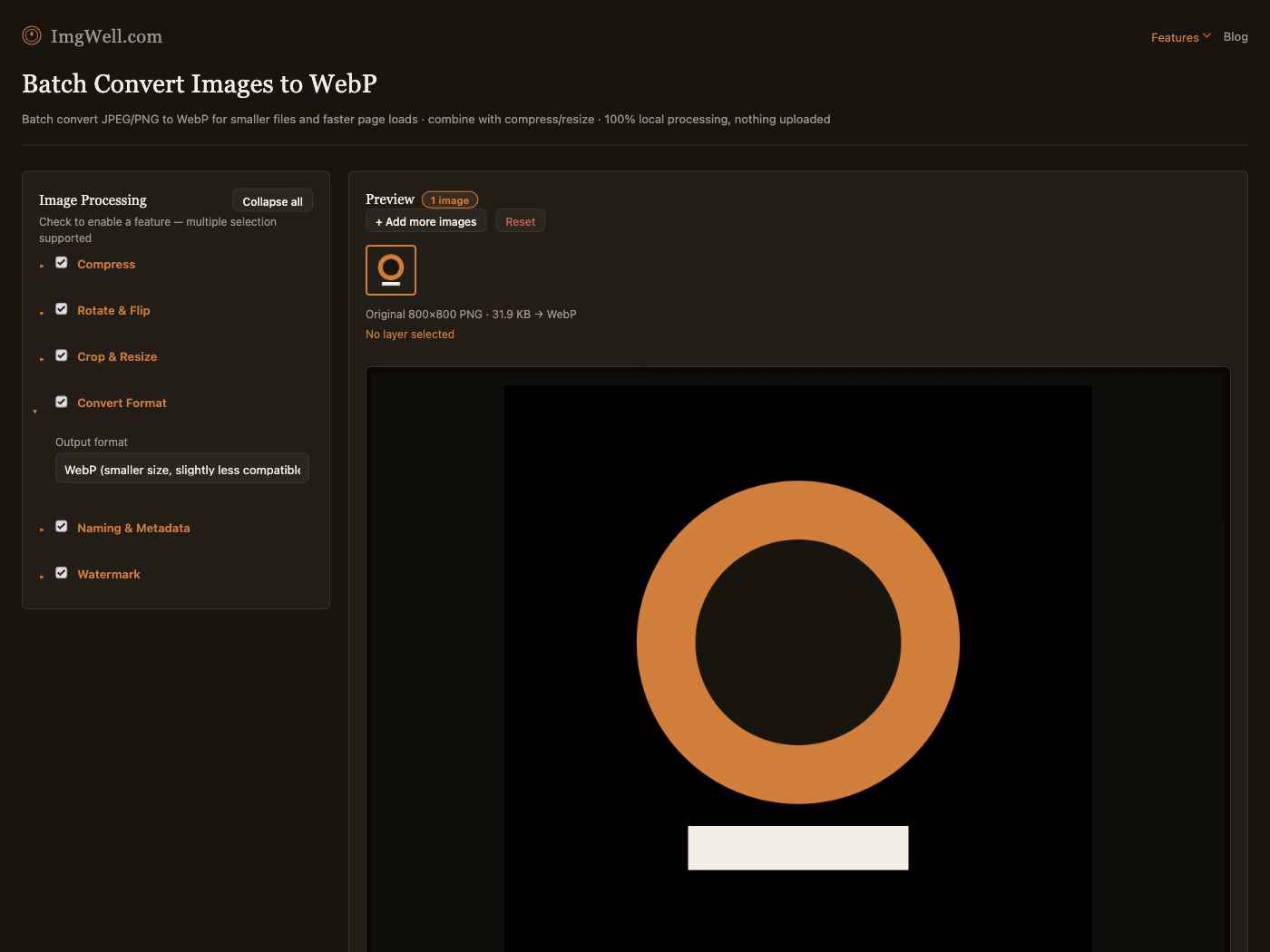ImgWell's Convert Format panel with WebP selected, a transparent-background logo PNG imported, and the info line showing PNG to WebP