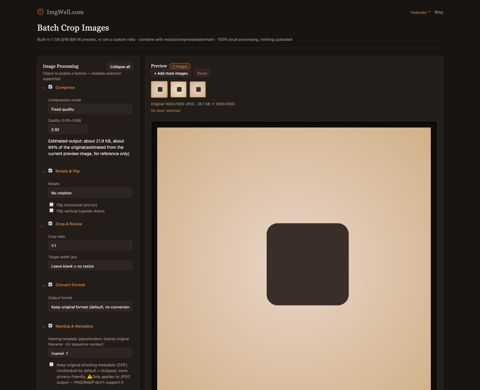 ImgWell's Crop & Resize panel with the 1:1 ratio preset selected and a batch of three imported thumbnails
