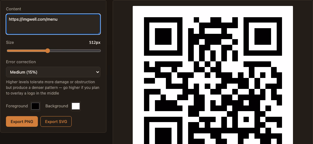 ImgWell's QR Code Generator with a URL typed in and a live QR code preview shown on the right, color and error-correction controls on the left