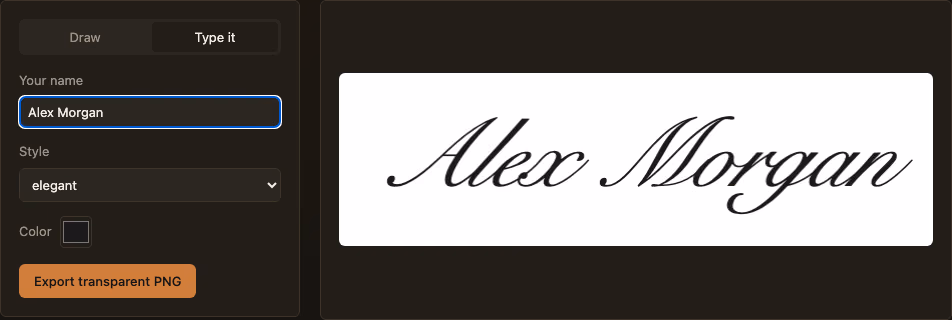 ImgWell's Signature Maker tool with a typed name rendered in an elegant handwriting-style font, ready to export as a transparent PNG