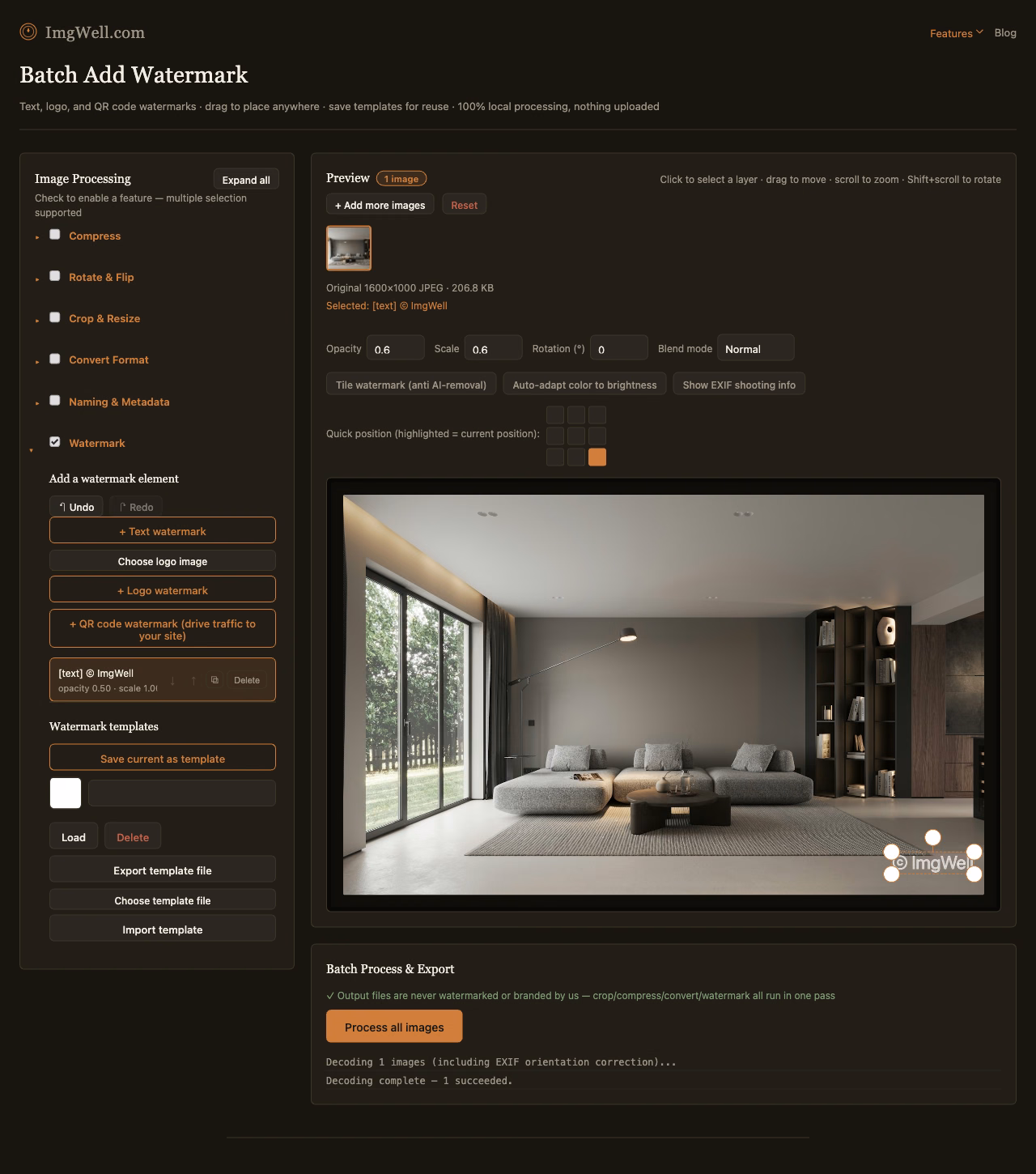 ImgWell's Add Watermark panel with a text watermark positioned over a batch of imported photos